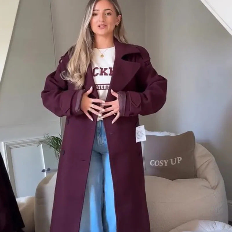 Women's Wine Red Loose Lapel Long Sleeves Jackets