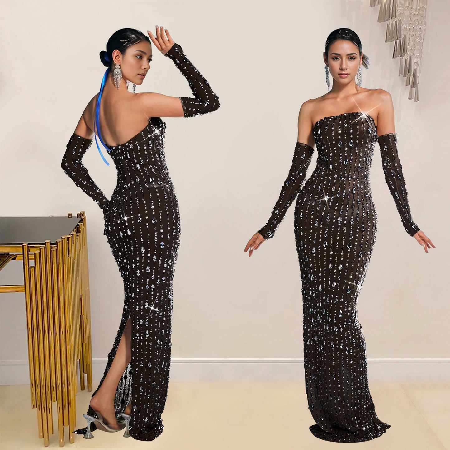 Women's Fashion Wear Rhinestone One-line Dress Long Dresses