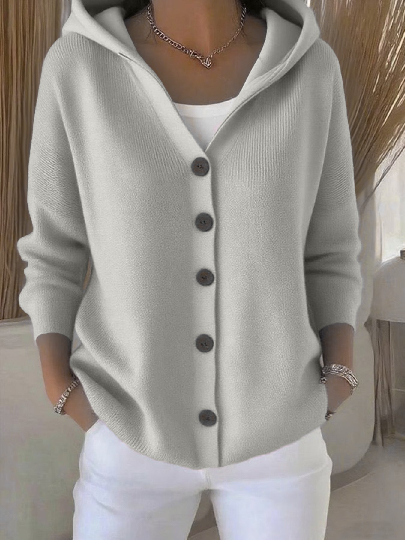 Women's Hooded Knit Solid Color Casual Fashion Cardigans