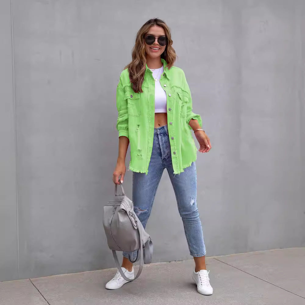 Women's Hem Ripped Denim Long-sleeved Casual Polo Jackets
