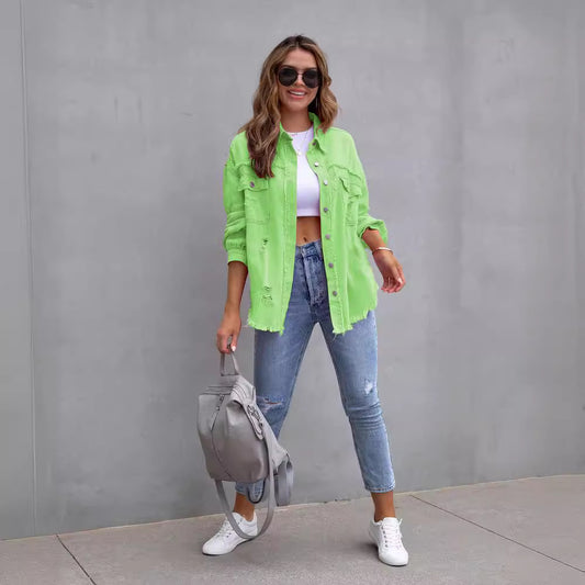 Women's Hem Ripped Denim Long-sleeved Casual Polo Jackets