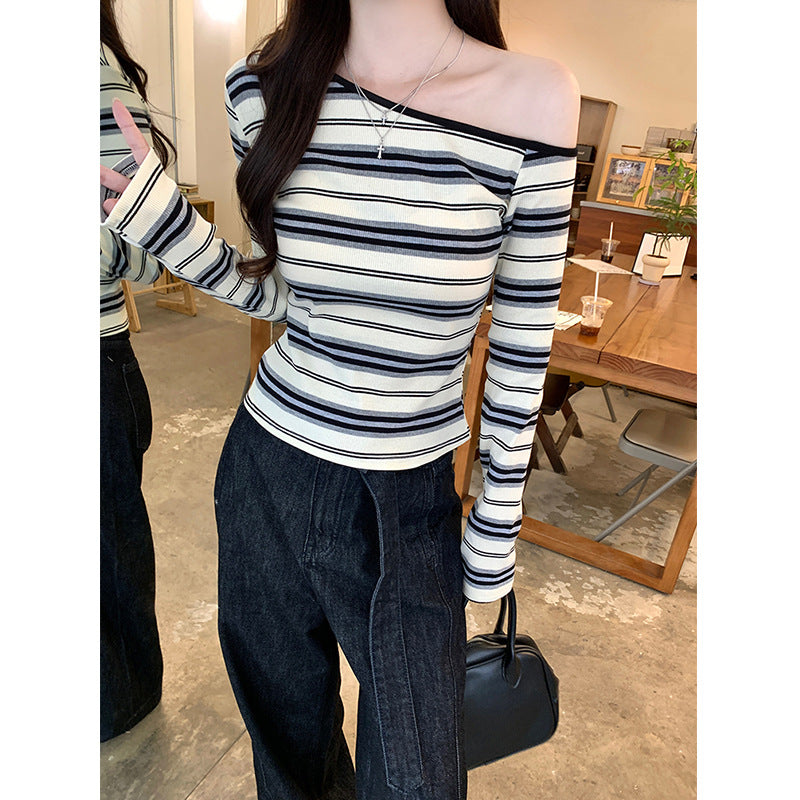 Women's Korean Style Beige Stripes Long Sleeve Shirt Sloping Exposed Shoulder Women's T-shirt