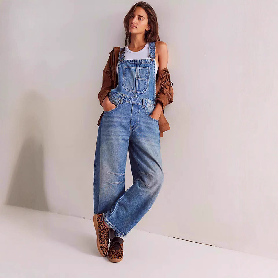 Women's Street Washed-out Vintage Loose Straight Suspender Women's Jeans