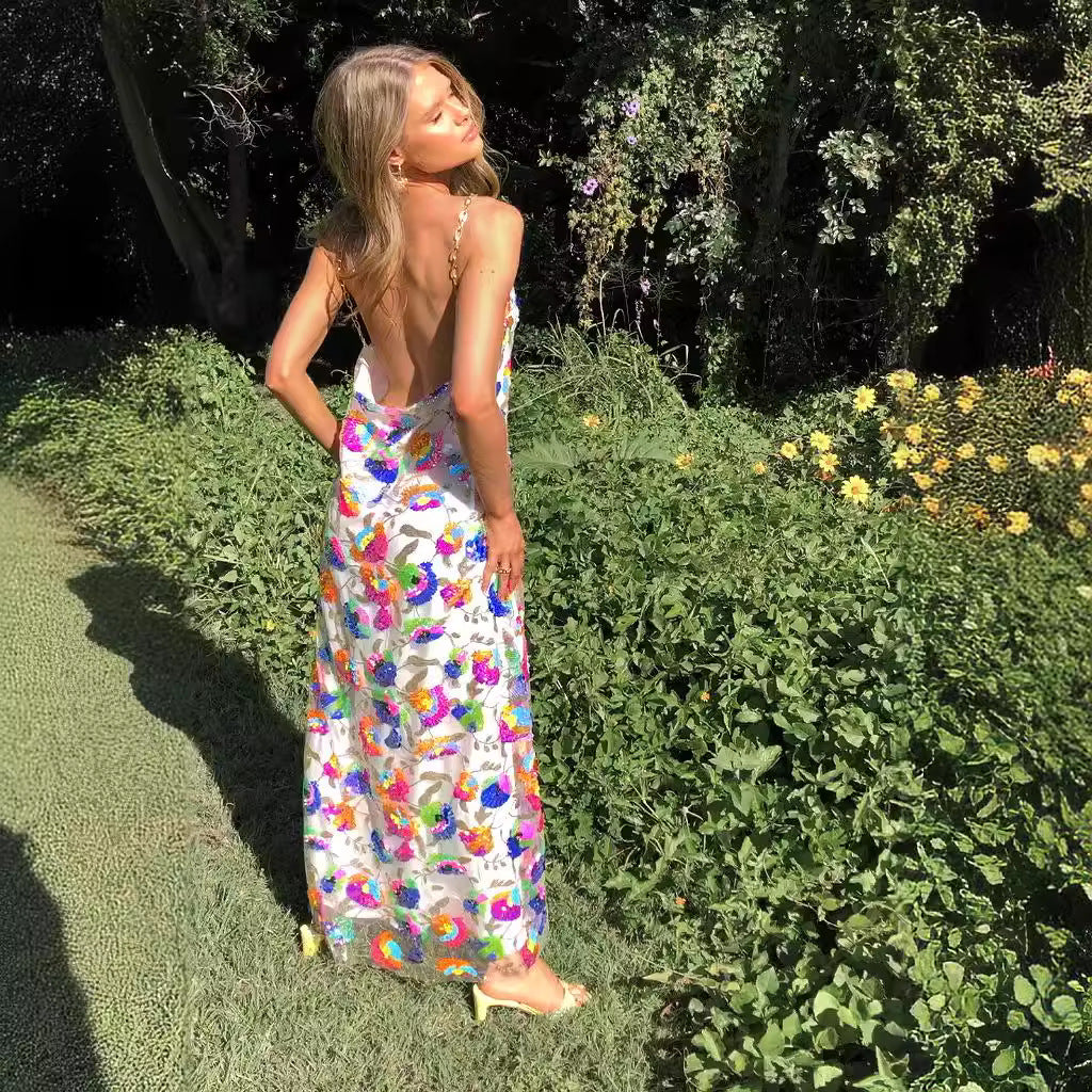 Women's Backless Sequined Floral Gold Chain Split Dresses