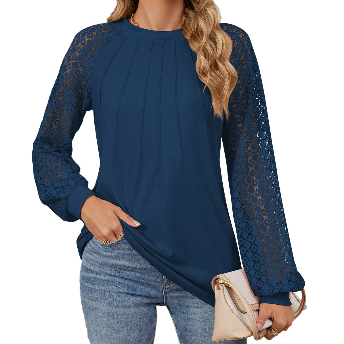 Women's Lace Patchwork Round Neck Long Sleeve Tops
