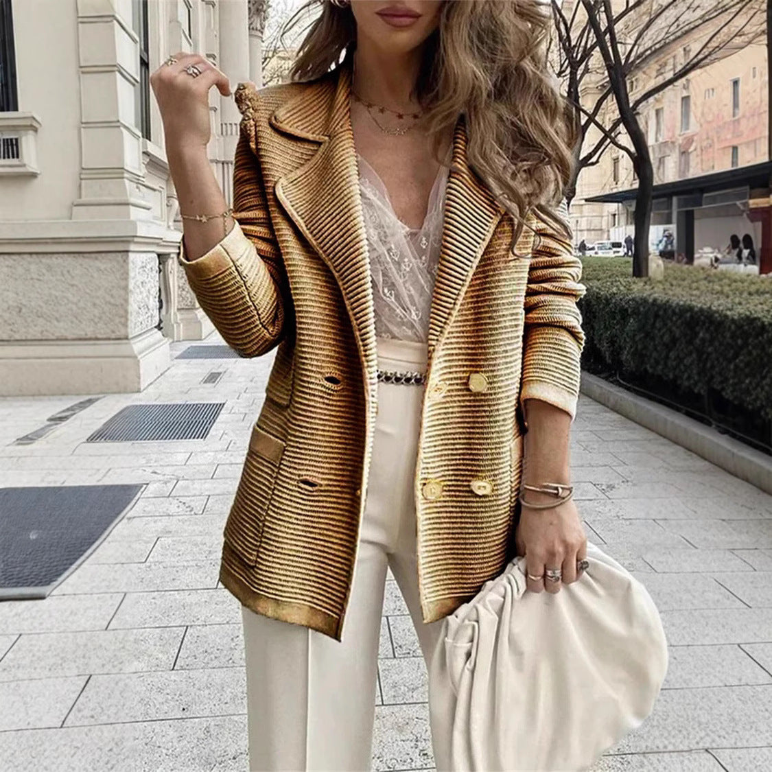 Women's Solid Color Rib Fabric Casual Baggy Small Suit
