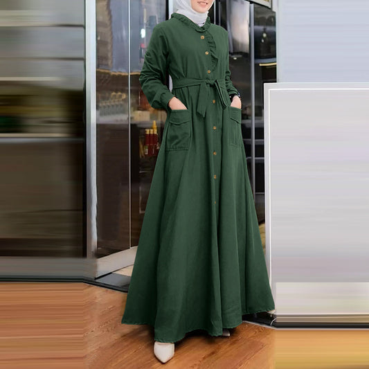 Women's Style Arab Temperament Pure Color Ruffled Dresses