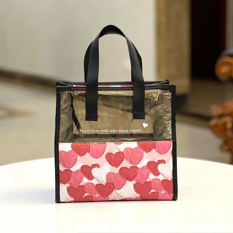 Zipper Translucent Love Peach Heart Flocking Large Capacity Portable Handbags