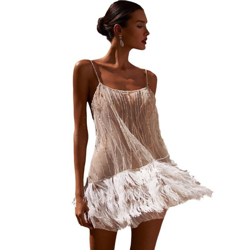 Sexy Backless Layered Tassel Mesh Sequin Dresses