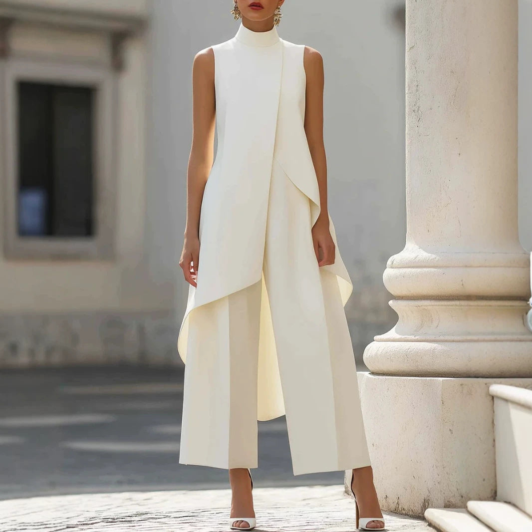Commuter Slimming Irregular Design Turtleneck Sleeveless Laminated Pants