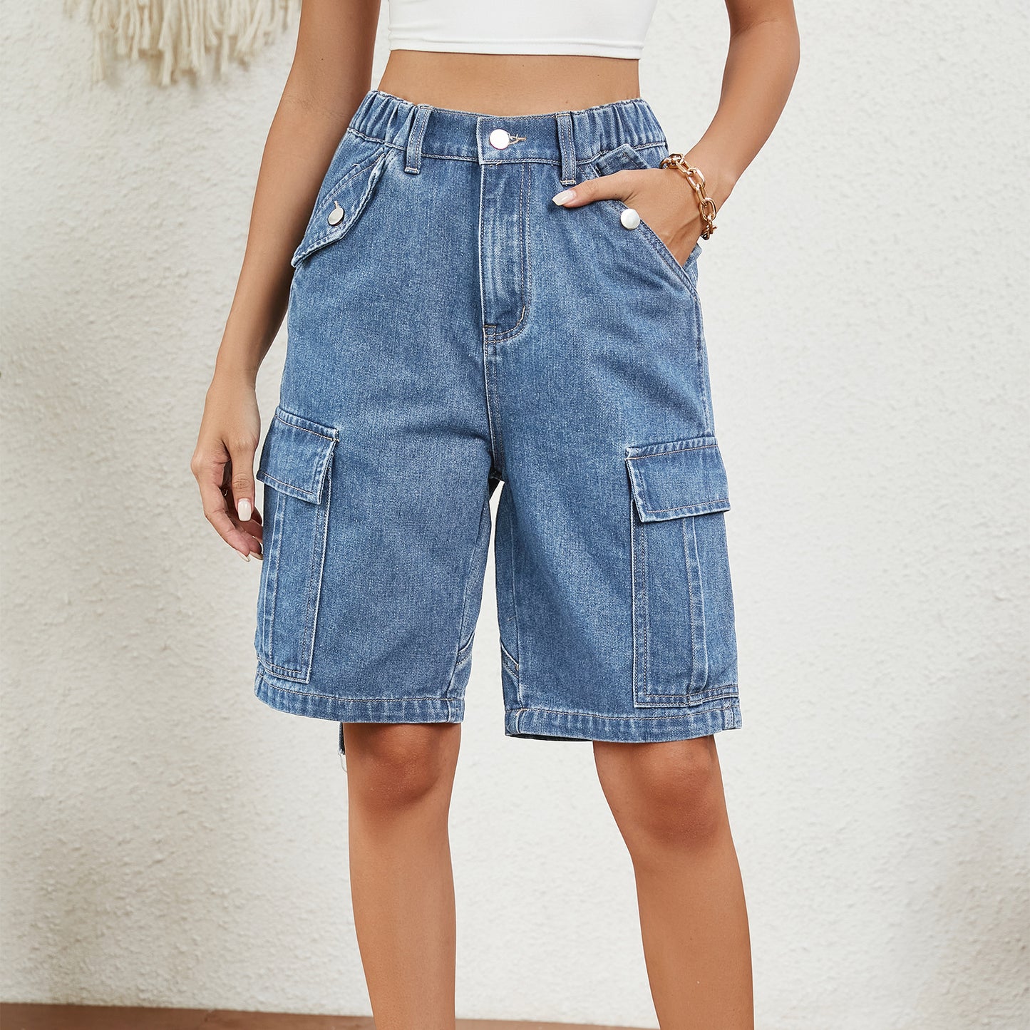 Women's Summer Washed Personalized Denim Cargo Women's Jeans