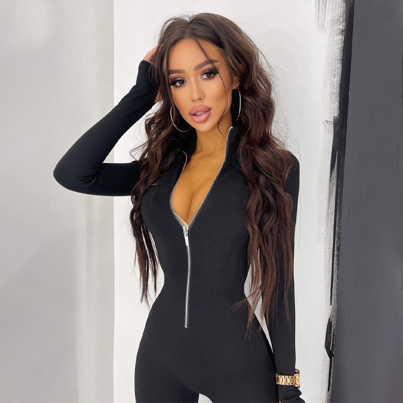 Women's Zipped Stand Collar Solid Color Long-sleeved One-piece Trousers Tights Jumpsuits