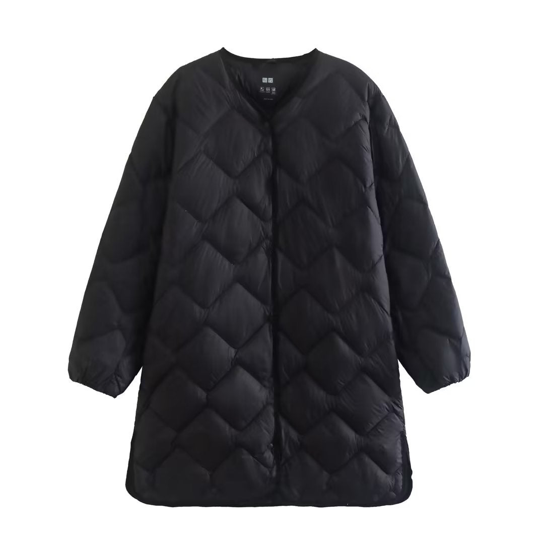 Women's Mid-length White Duck Rhombus Round Neck Jackets