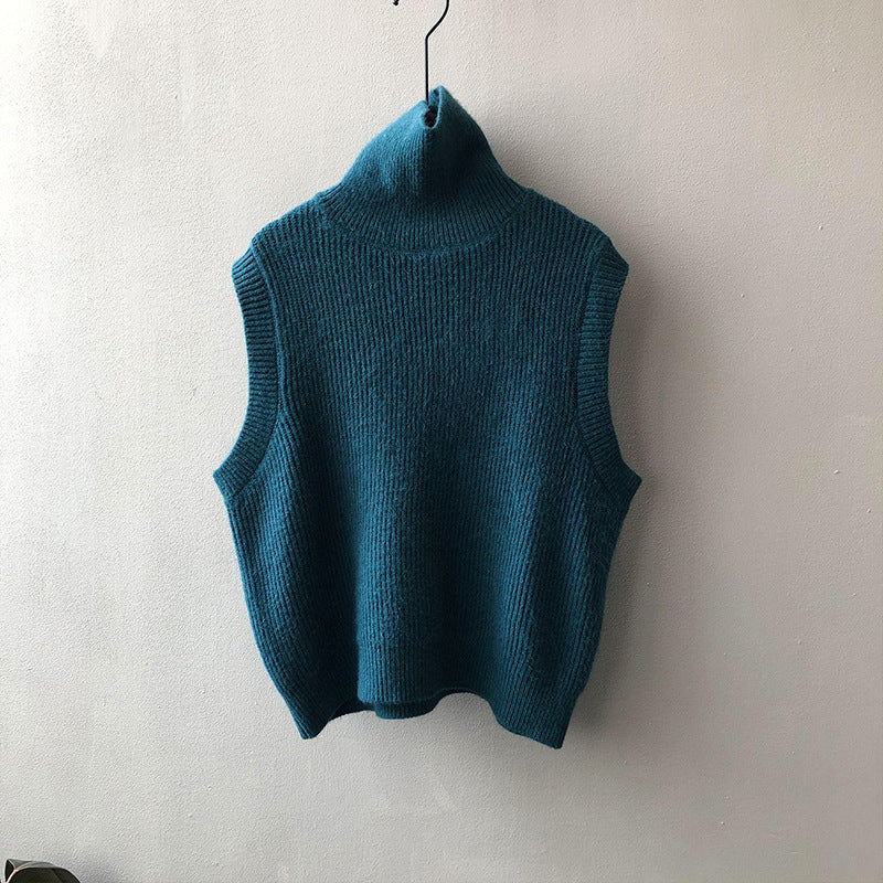 Women's Knitting Waistcoat Turtleneck Solid Color Sleeveless Vests