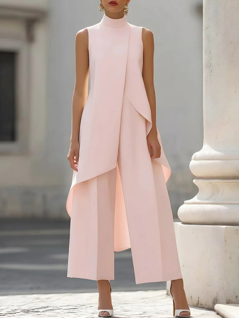 Commuter Slimming Irregular Design Turtleneck Sleeveless Laminated Pants
