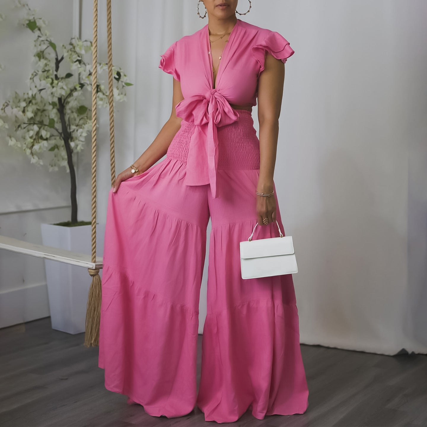 Graceful Sleeve Tied Wide Leg Two-piece Pants