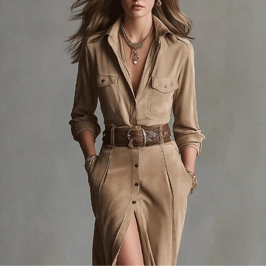 Women's Waist Dress Mid-length Single-breasted Long Sleeve Dresses