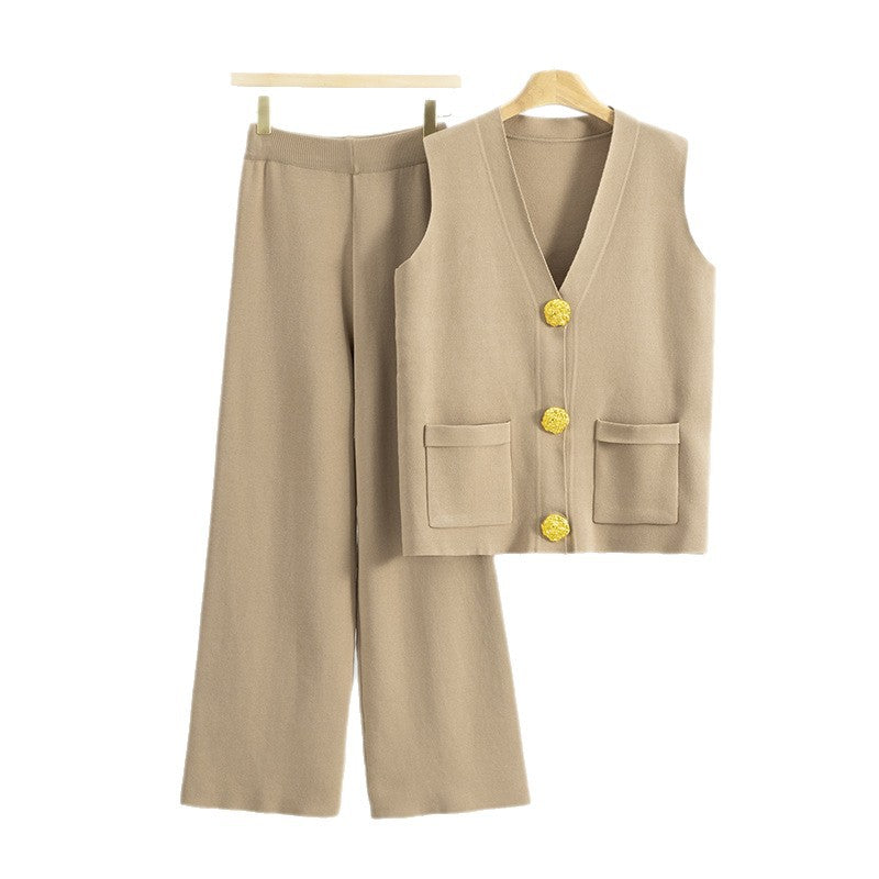 Women's Sleeveless Large Button Straight Wide Leg Two-piece Sweaters