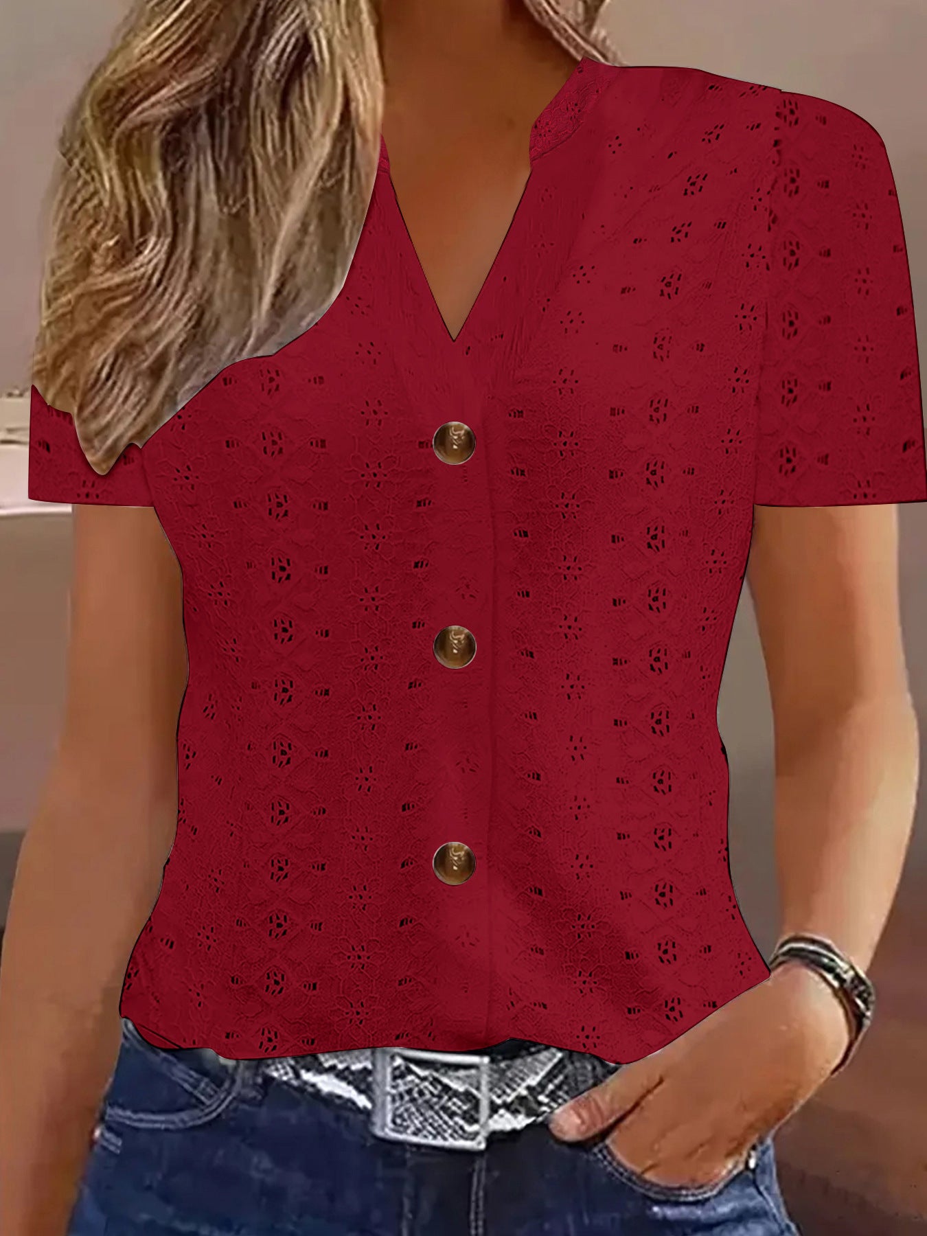 Women's Clothes Fashion Casual Solid Color Buttons Women's T-shirt