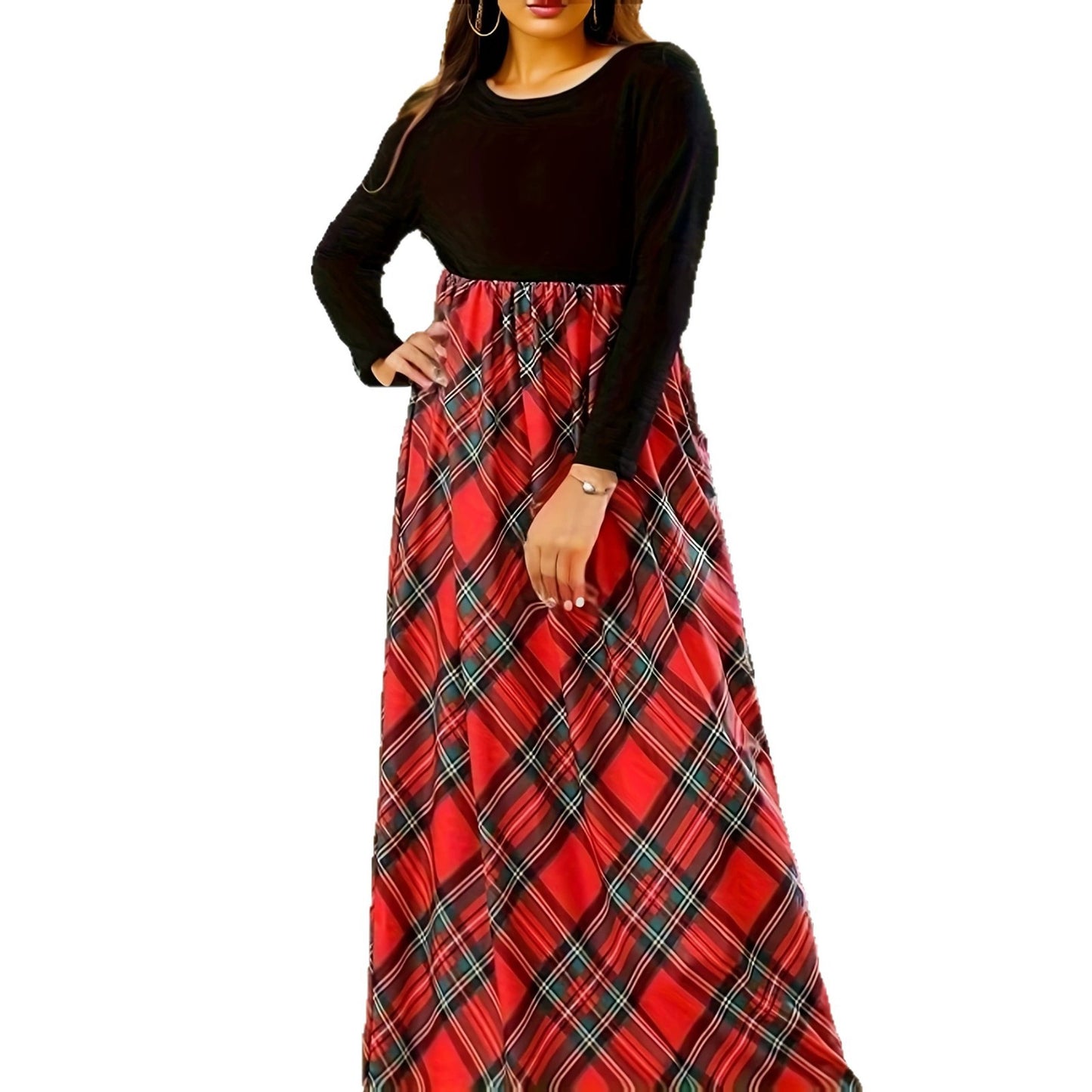 Women's Stitching Contrast Color Check Fashion Casual Dress