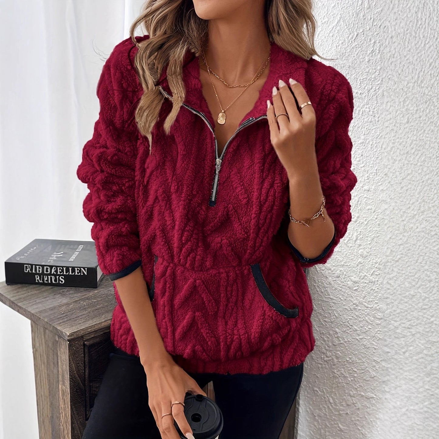 Lapel Classic Style Jacquard Half Zipper Plush Women's Sweater, Sweater