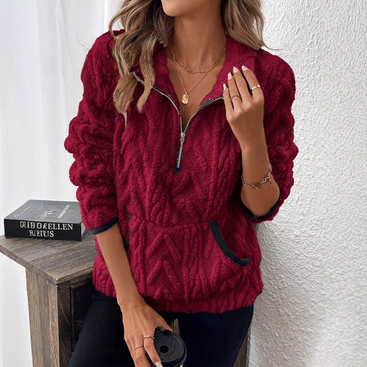 Lapel Classic Style Jacquard Half Zipper Plush Women's Sweater, Sweater
