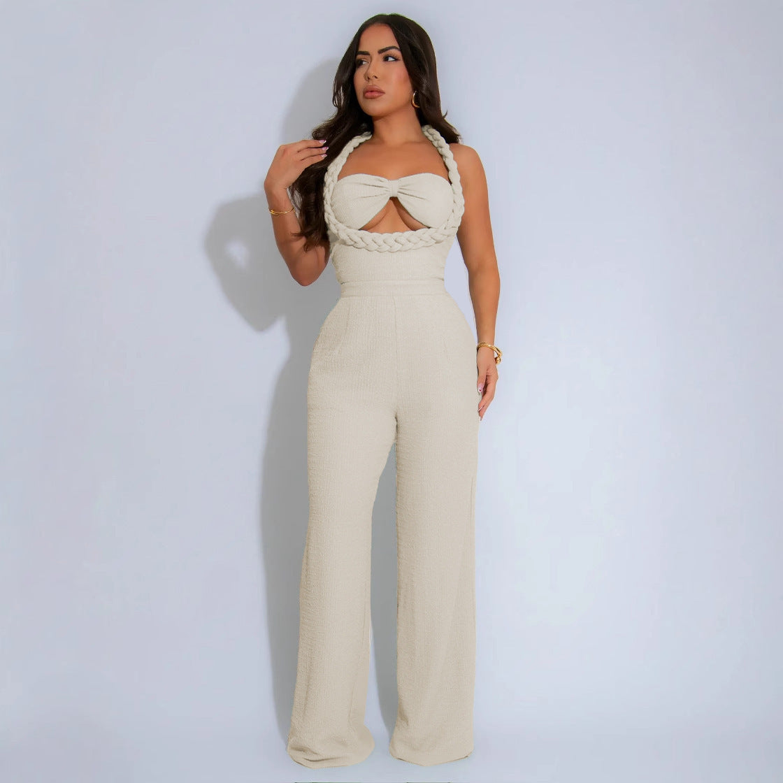 Design Woven Style Spaghetti Straps Sleeveless Loose Pants
