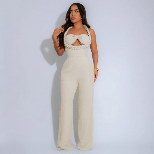 Design Woven Style Spaghetti Straps Sleeveless Loose Pants