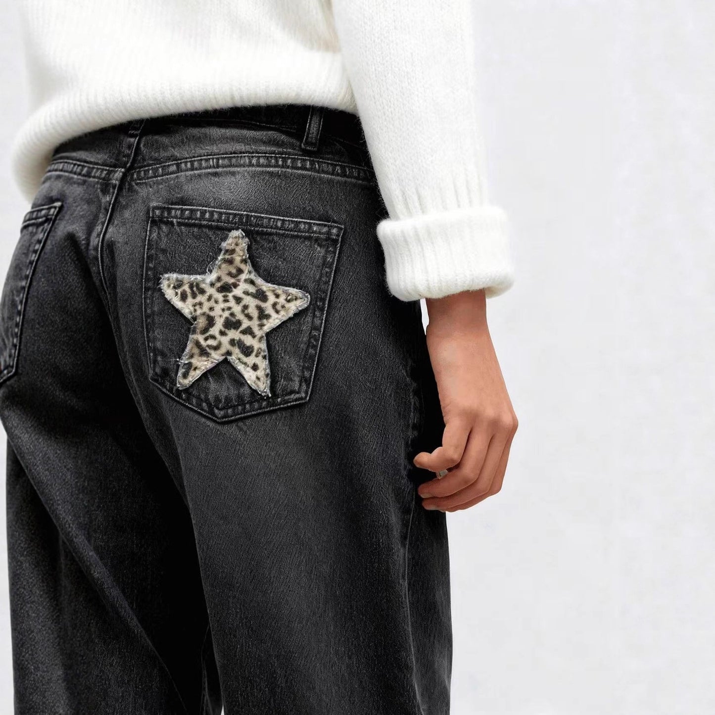 Women's Fashion Leopard Print Pocket Design Women's Jeans