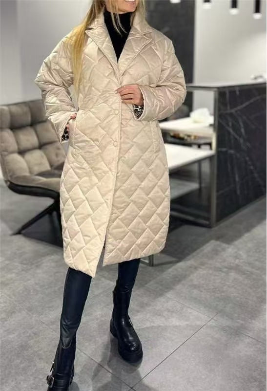 Glossy Veet Long Below The Knee Rhombus Cotton Coats