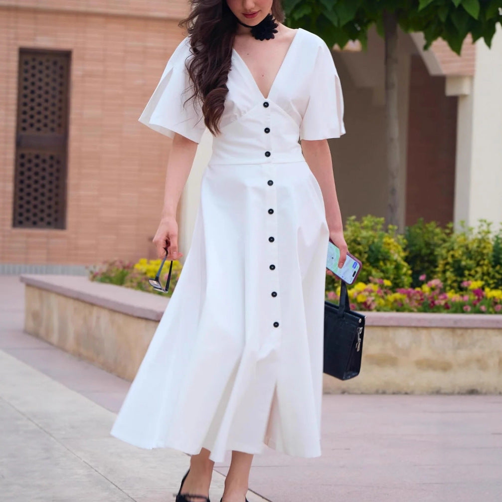 Women's Fashion Button Decoration Waist Solid Color Dresses