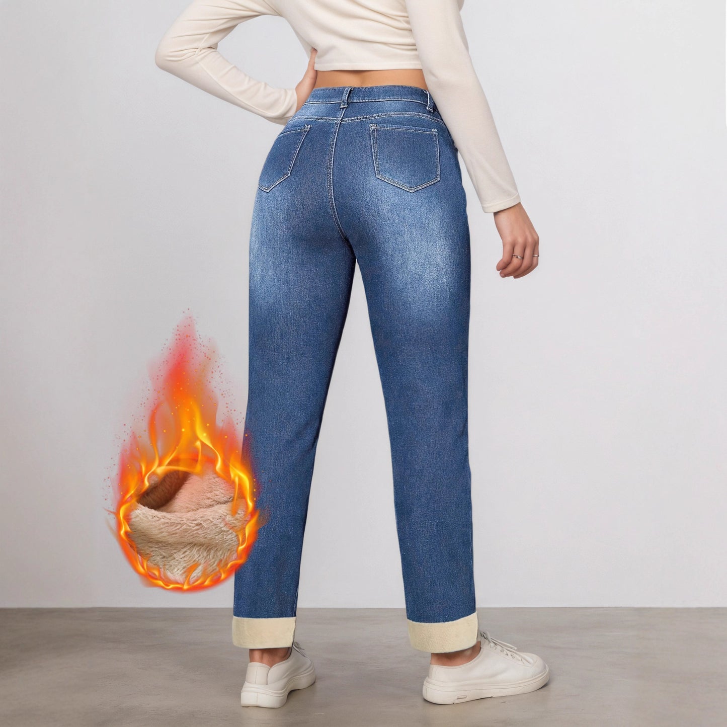 Women's Fleece-lined Elastic Tight-fitting Hem Solid Color Jeans