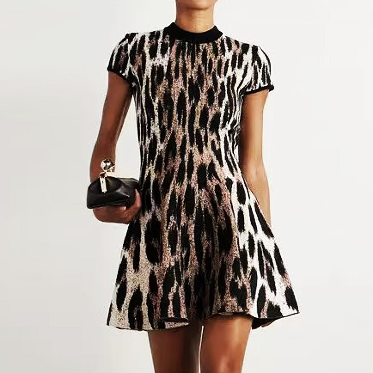 Summer Leopard Print Embroidery Fashionable Knitted Sleeve A- Dresses