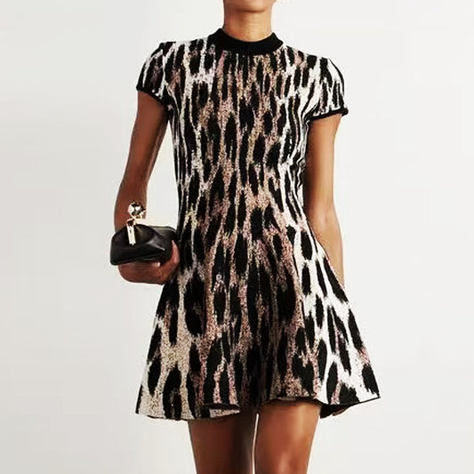 Summer Leopard Print Embroidery Fashionable Knitted Sleeve A- Dresses