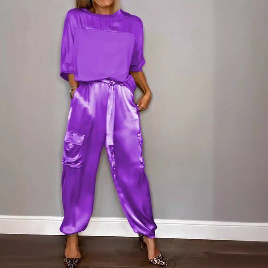 Women's Smooth Satin Short-sleeved Casual Two-piece Set Suits