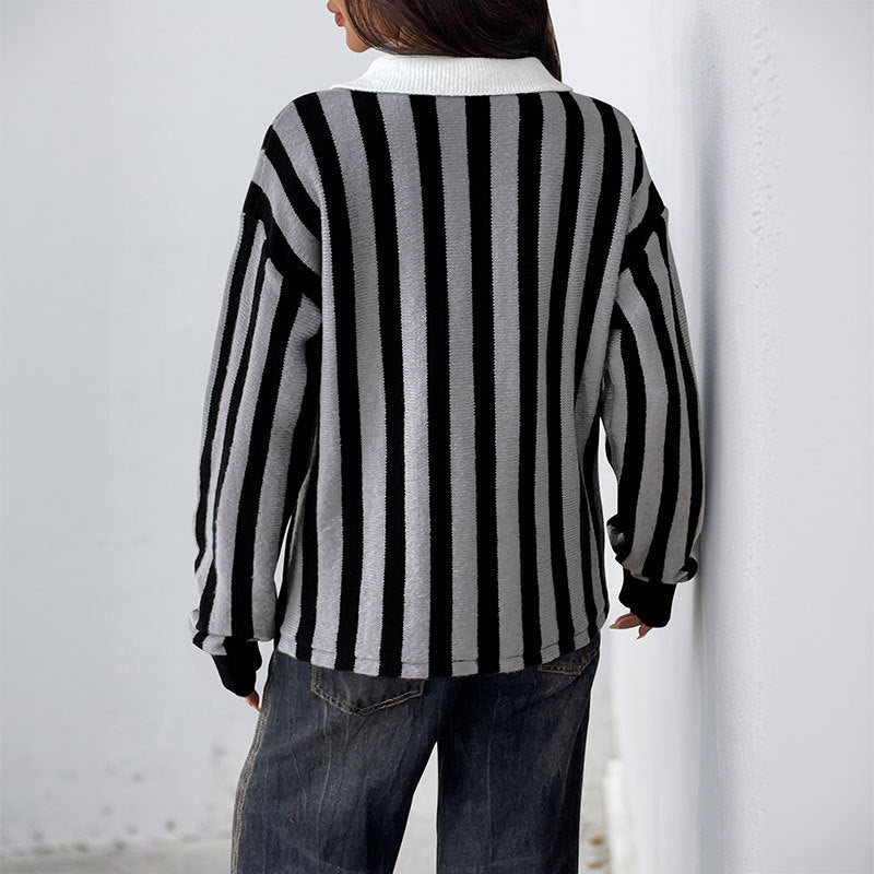 Women's Unisex Style Vertical Striped Lapel Knitted Sweaters