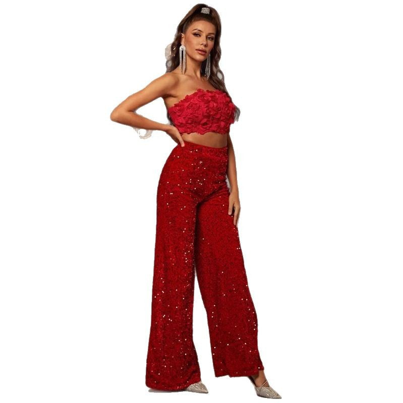 Pure Color Sequins Wide Leg Fashion Mid Pants