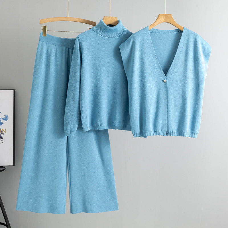 Women's Fashionable Turtleneck Wide Leg Knitted Three-piece Sweaters