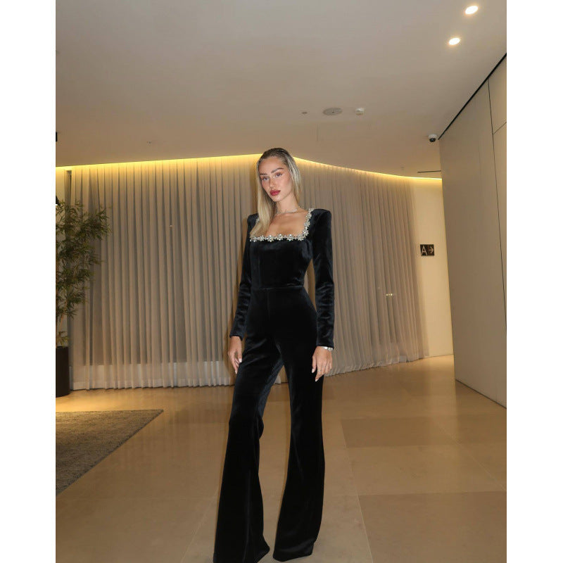 Diamond Veet Square Collar Long Sleeve Jumpsuits