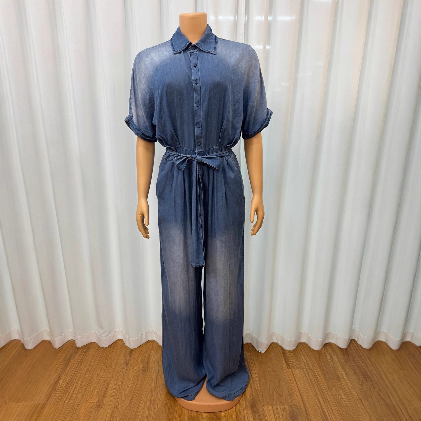 Women's Fashion Wear Turn-down Collar Short-sleeved Loose Jumpsuits