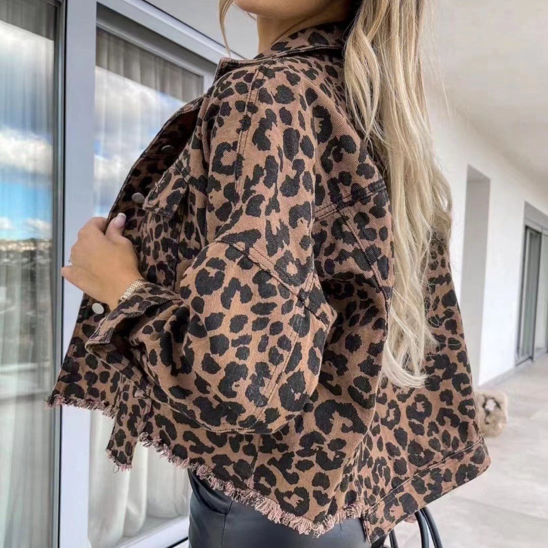 Women's Denim Leopard Print Long Sleeve Loose Jackets