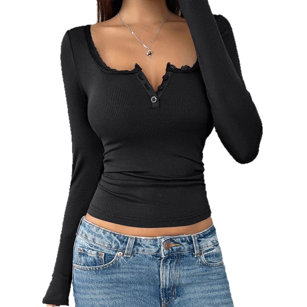 Women's Lace Button Fashionable Fitted Long Sleeve Women's T-shirt