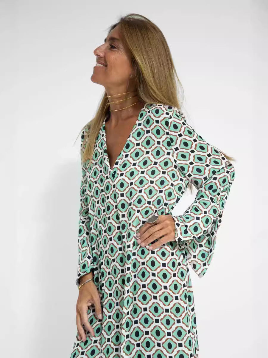 Temperament Polyester Large Swing Split Pullover Long Sleeve Slit Dress