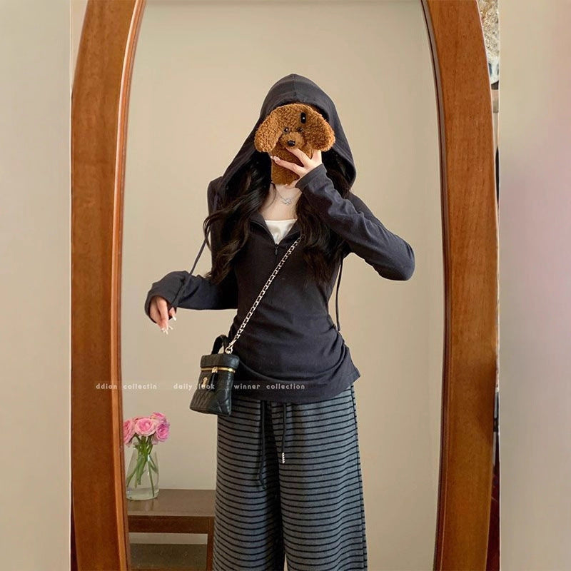 Women's Gray Half Zipper Fake Two-piece Hooded Long-sleeved Sportswear Women's T-shirt