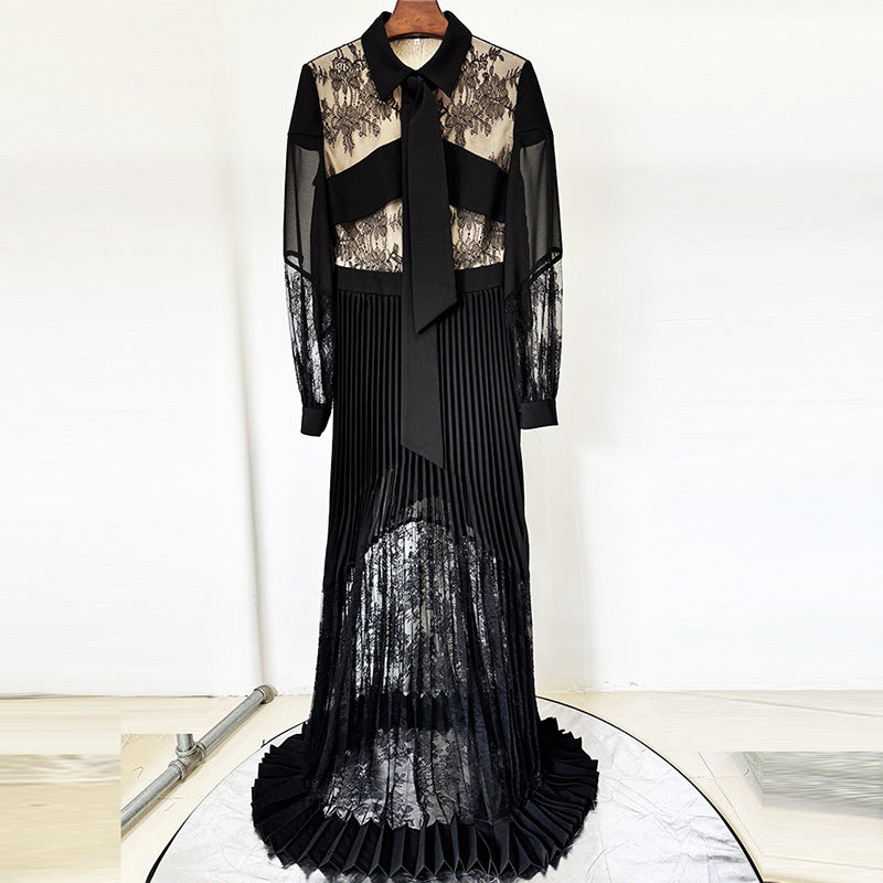 Fashionable Lace Stitching Pleated Long Floor Dress