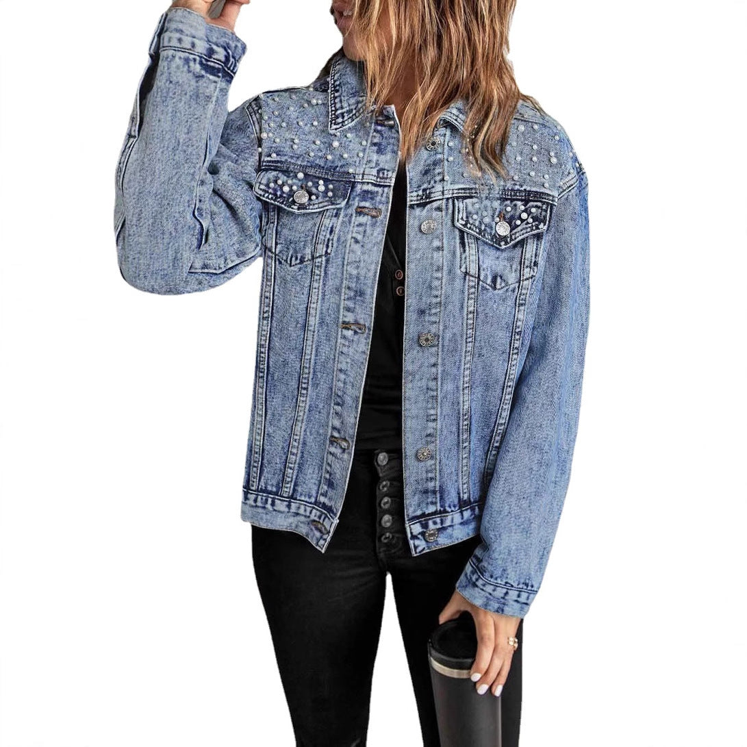 Unique Classic Lady's Denim Beaded Casual Jackets