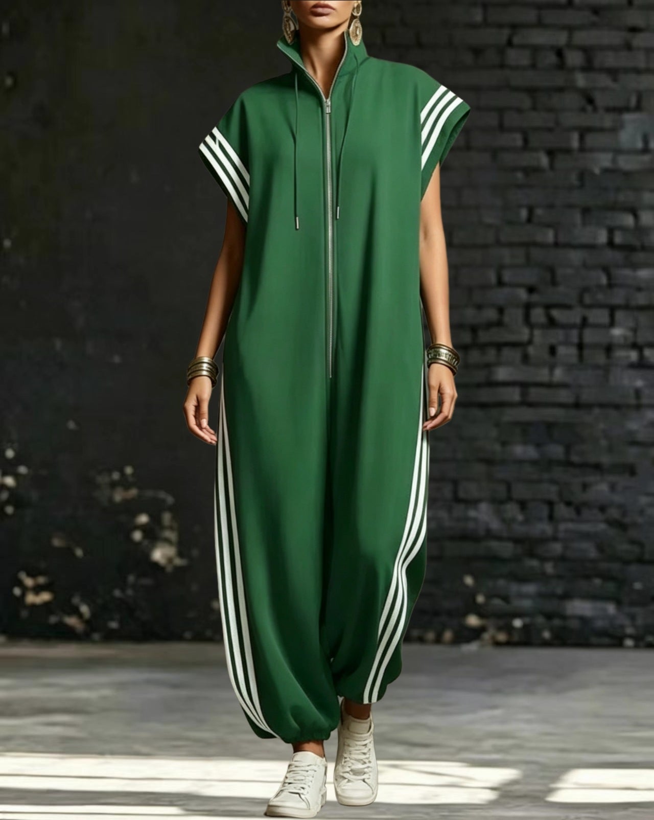 Women's Zipped Stand Collar Striped Contrast Color Jumpsuits