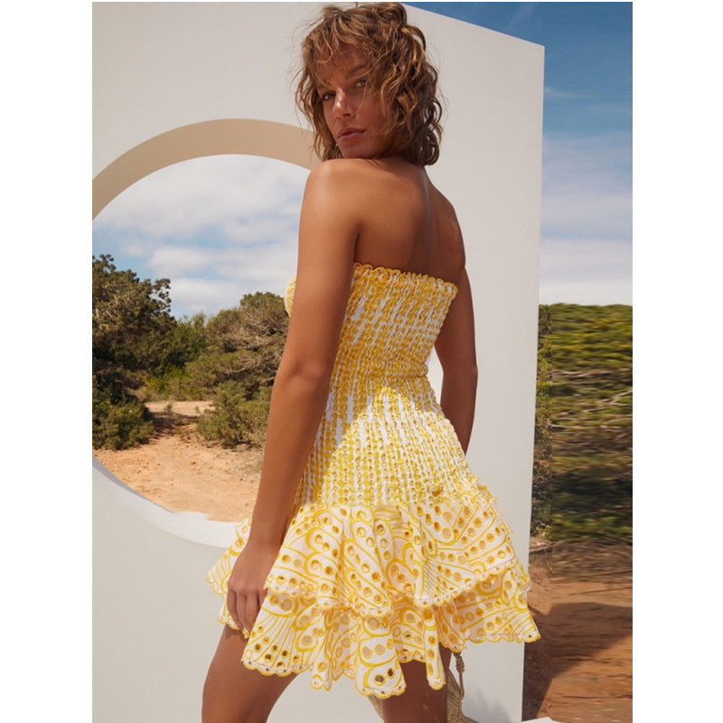 Sexy Bandeau Hollow Embroidered Cotton Stretch Dresses