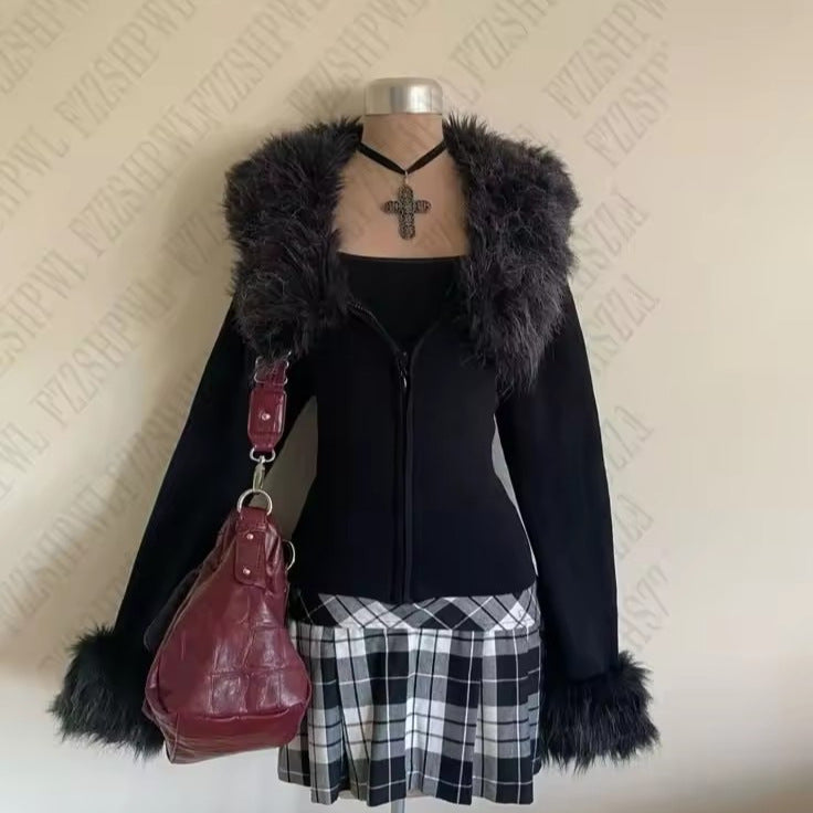Fashion Retro Design Plush Brim Zipper Coats