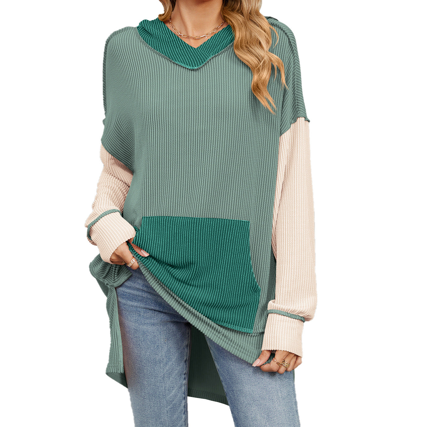 Women's Color Pocket Long Sleeve Loose Hooded Women's Sweater, Sweater